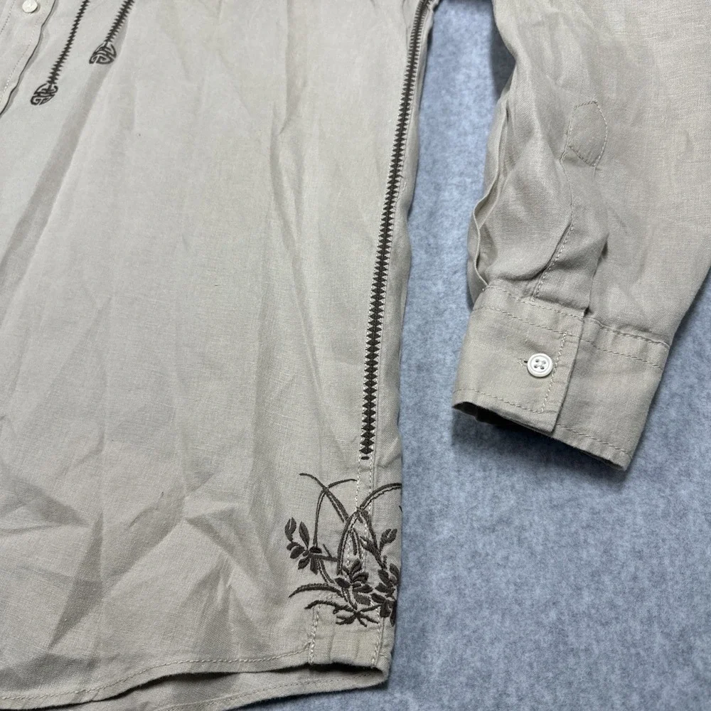 Lucky Brand Guayabera Embroidered Linen Button Up Shirt Men's XL Beige